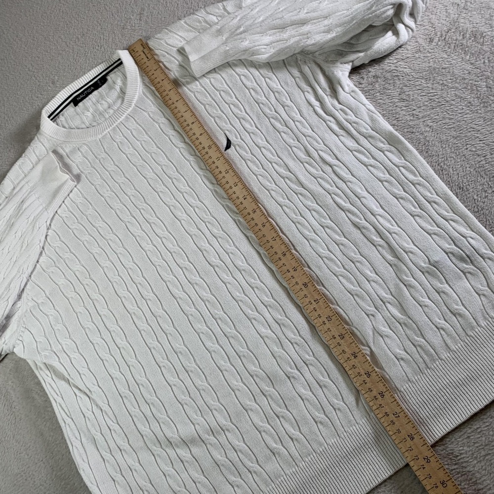 Nautica Sweater Mens Large White Cable Knit Crewneck Cotton Pullover Casual‎ - Picture 6 of 10